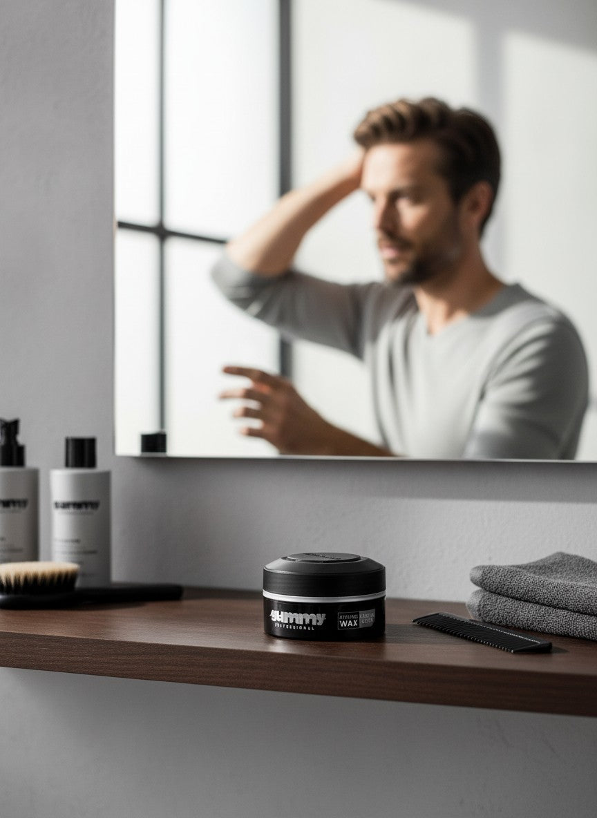 Cosmetigo.be Gummy Professional Styling Casual Wax pot op een houten plank, met een man in de spiegel die zijn haar styled.