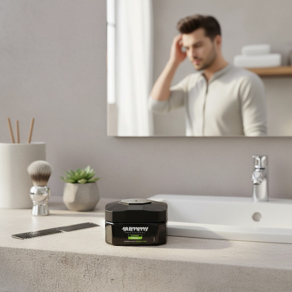 cosmetigo.be Gummy Professional zwarte haargel met maximale hold voor een extreme look, in een zwarte pot op een badkamermeubel.