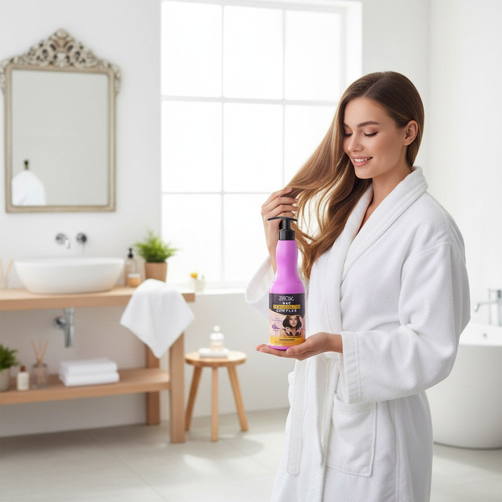 Vrouw in badjas houdt cosmetigo.be Zenix Professional Hair Softener Complex fles vast, haar haar is lang en glanzend.
