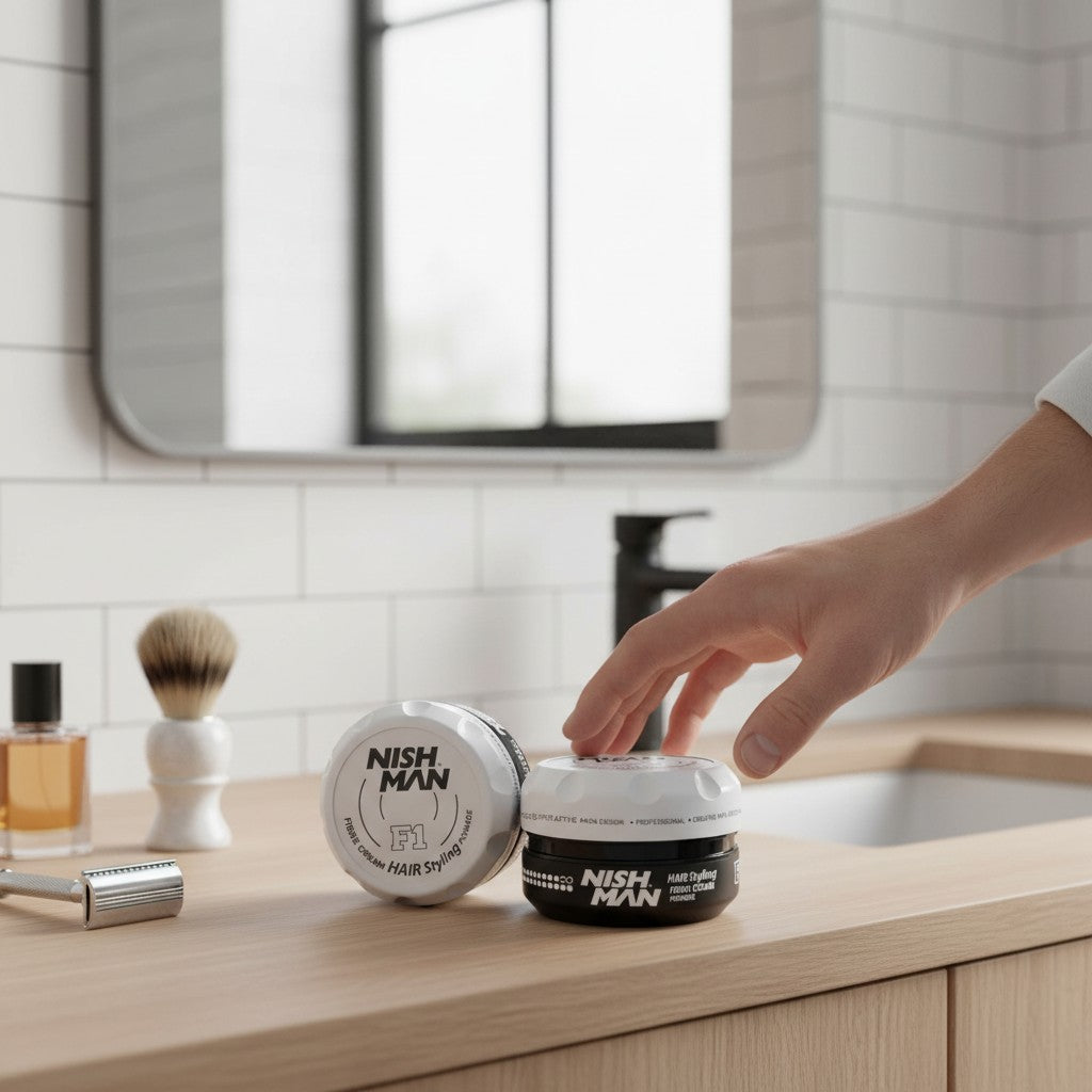 Cosmetigo.be Nish Man F1 Fibre Cream Pomade voor haarstyling, zwarte pot met witte deksel, creëert textuur en volume.