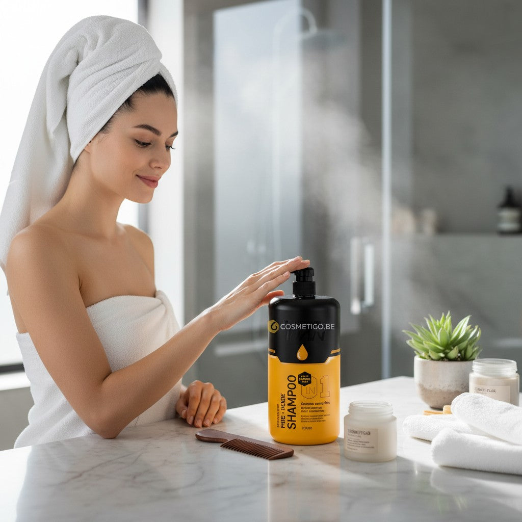 Vrouw met handdoek om haar hoofd en lichaam, die een grote fles Pro Hair Keratin Complex Shampoo van cosmetigo.be aanraakt. De shampoo is bedoeld voor intensieve reparatie van beschadigd haar.