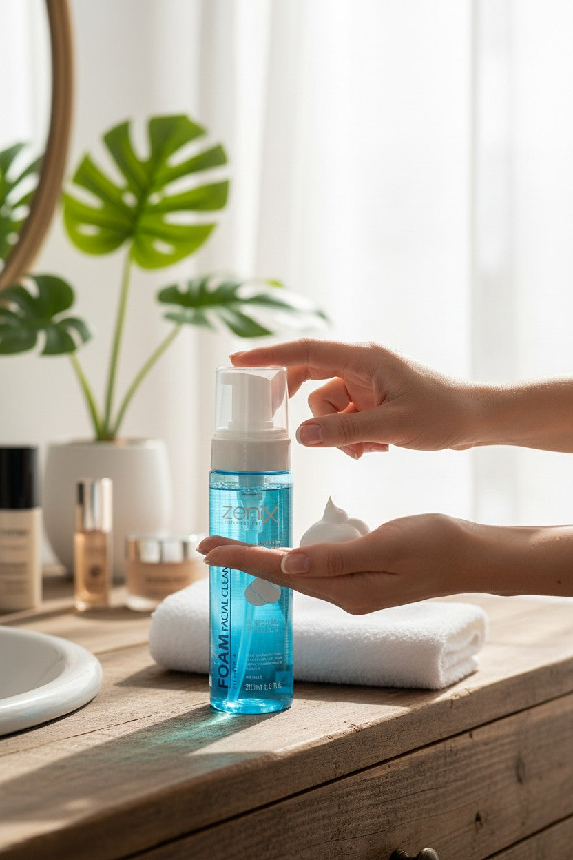 cosmetigo.be Zenix Professional gezichtsreinigingsschuim met vitamine E in een blauwe pompflacon, met schuim op de hand.