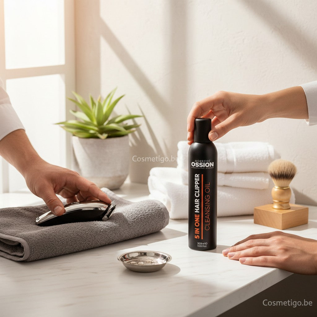 Cosmetigo.be Morfose Ossion 5-in-1 hair clipper cleansing oil in a black spray bottle, used for cleaning and maintaining hair clippers.