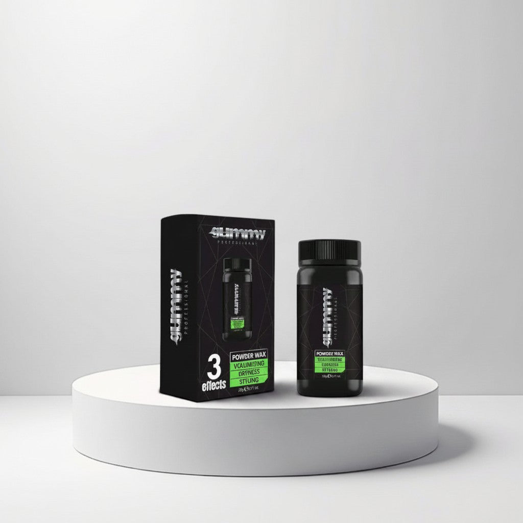 Cosmetigo.be Glimmmy Professional Powder Wax for volumizing, dryness, and styling hair. Black bottle and box.