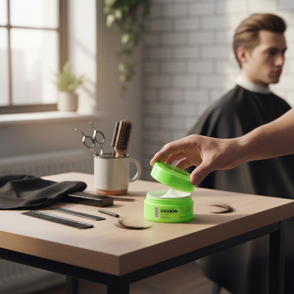 cosmetigo.be Morfose Ossion Style Power Matte Styling Wax pot met felgroene deksel, sterke fixatie zonder glans.