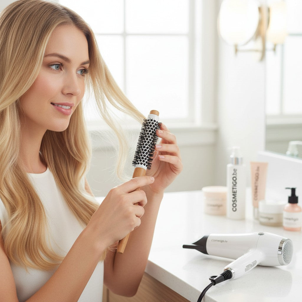 Blonde woman styling her hair with a cosmetigo.be Rodeo Professional round brush and hairdryer. Wooden handle, ceramic barrel, black bristles.