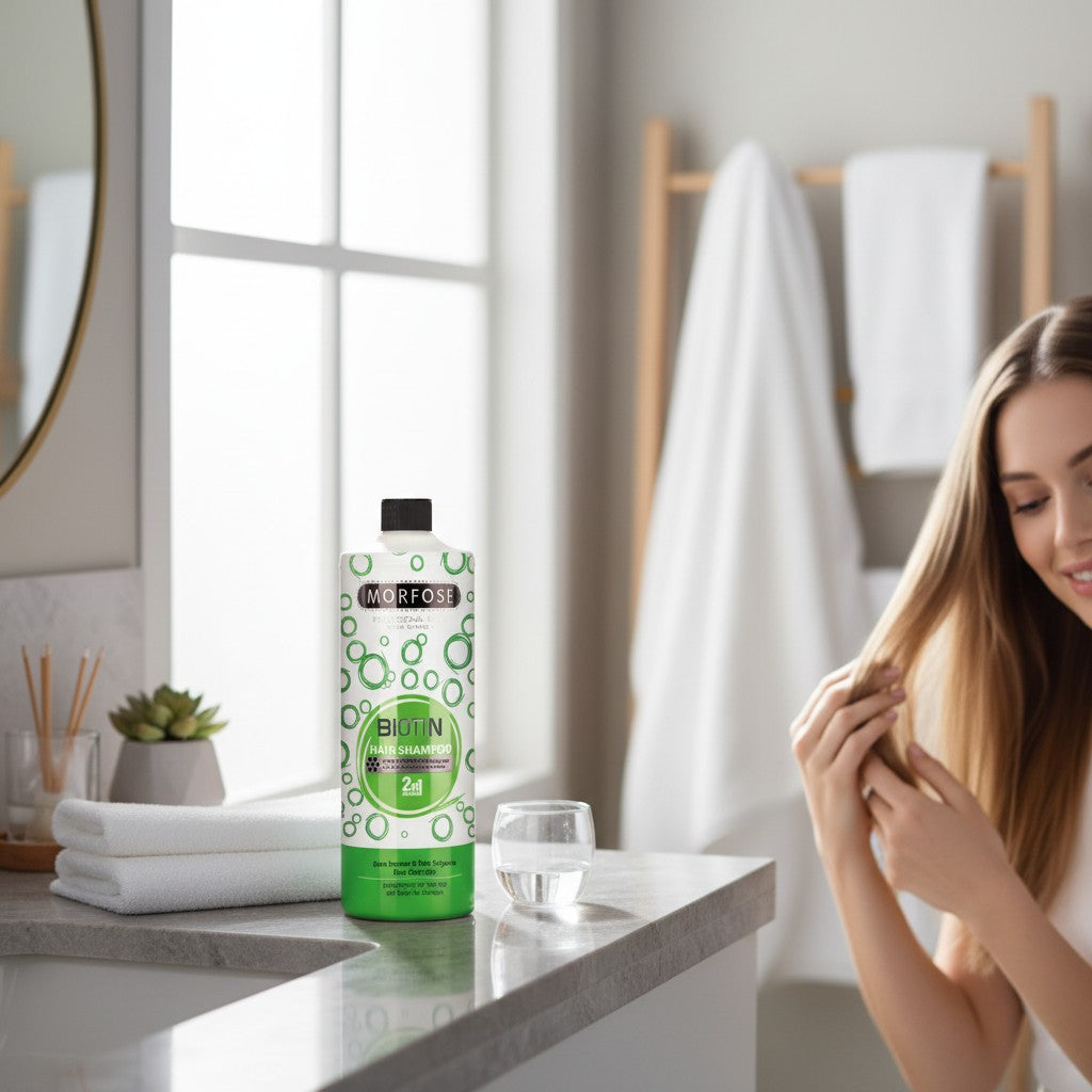 cosmetigo.be Morfose Biotin Versterkende Haarshampoo in een grote fles, 2-in-1 formule voor dikker en voller haar.