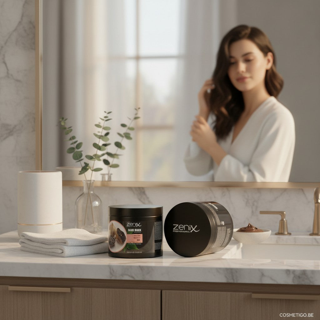 Cosmetigo.be Zenix Professional Hair Mask with Black Garlic Oil for moisture repair and hair therapy. 500ml jar on a marble countertop.