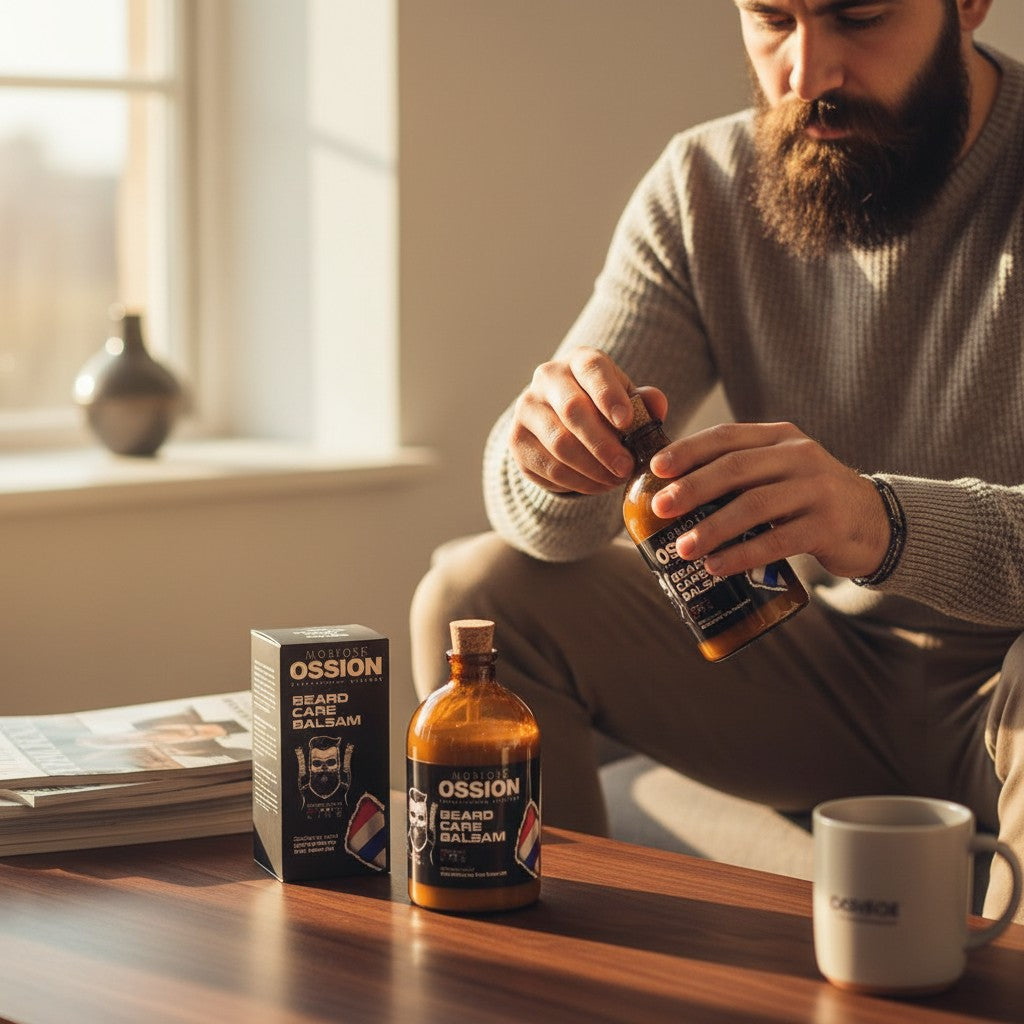 cosmetigo.be Morfose Ossion baardverzorgingsbalsem in amberkleurige fles met kurken dop, verzacht en conditioneert de baard.