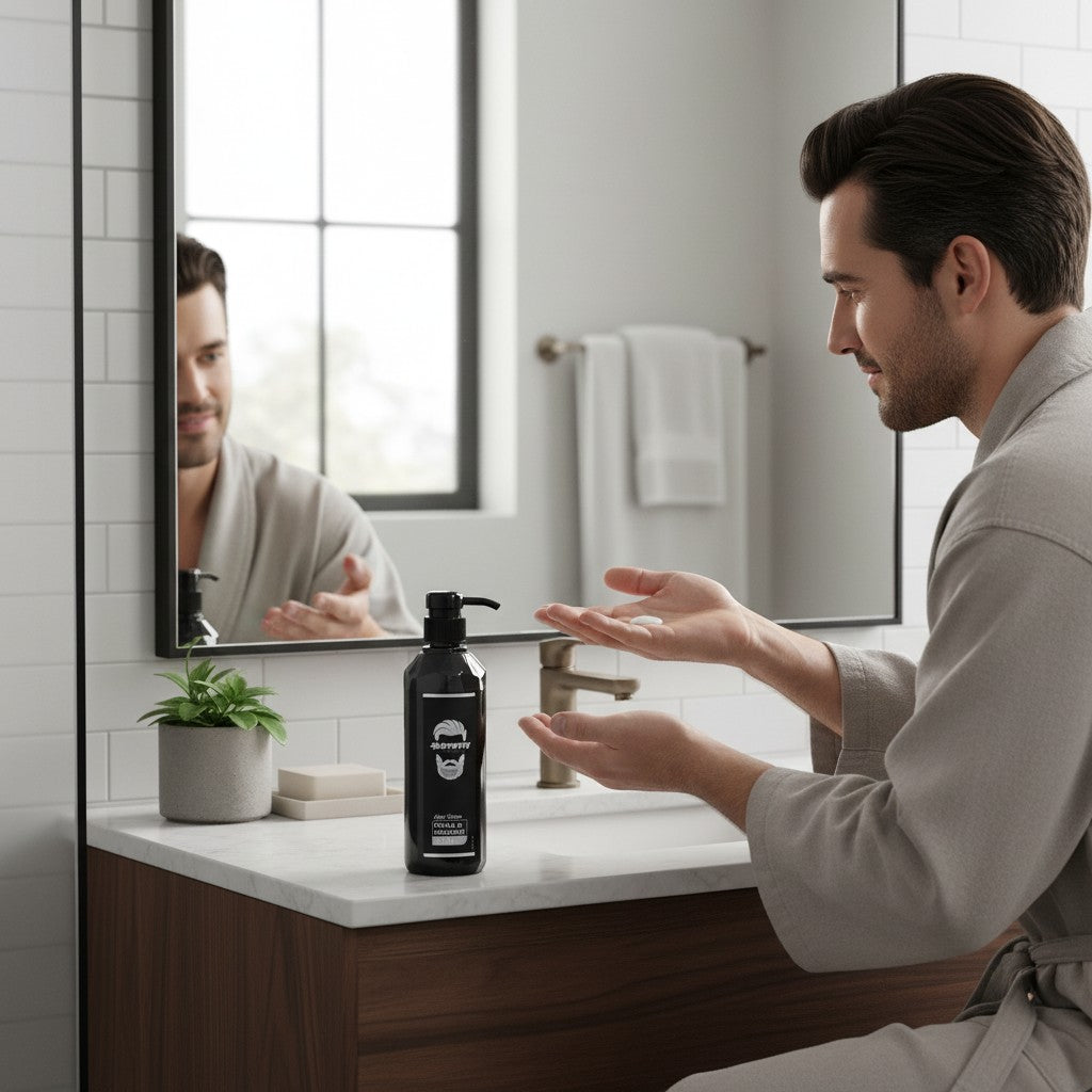 Cosmetigo.be Gummy Professional After Shave Crème & Cologne Black in a black pump bottle, dispensed onto a man's hand.