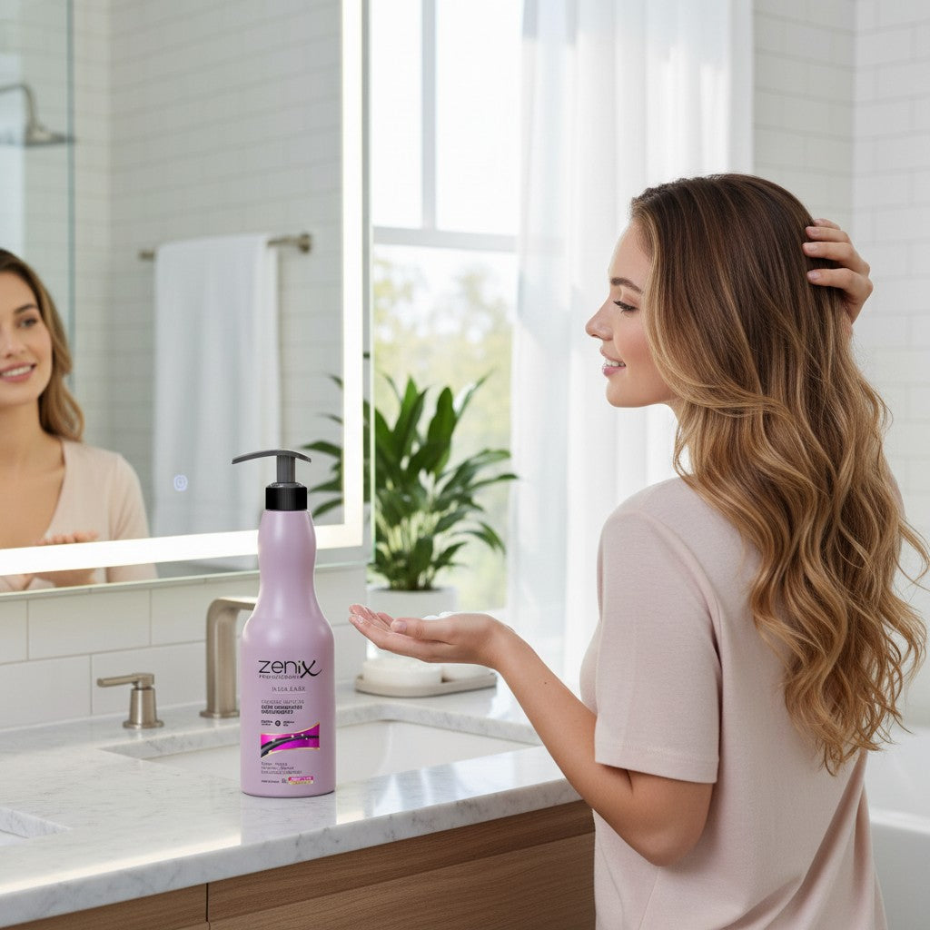 Vrouw met lang, golvend bruin haar in een badkamer, naast een fles cosmetigo.be Zenix Professional Hair Care Softener Complex.
