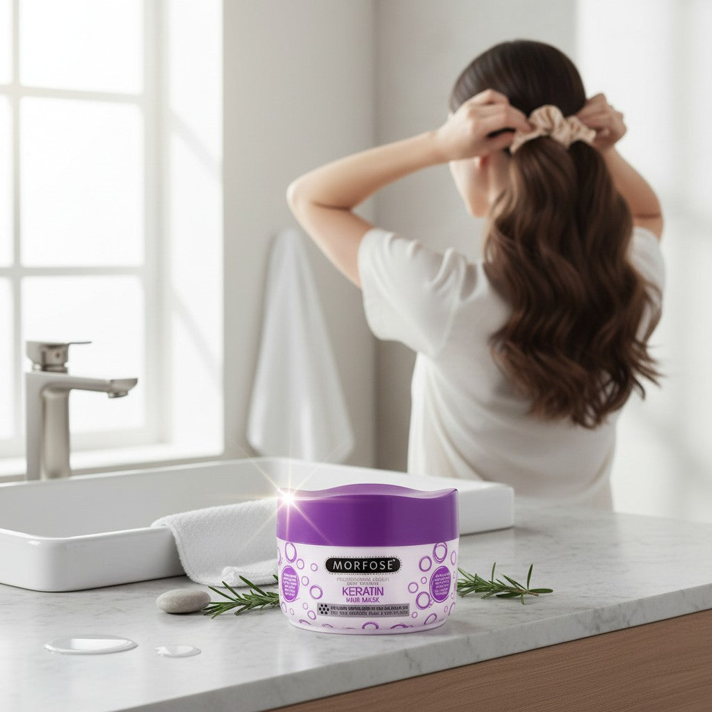 Cosmetigo.be Morfose Professional Reach Keratine Haarmasker pot met paarse deksel, voor beschadigd haar.