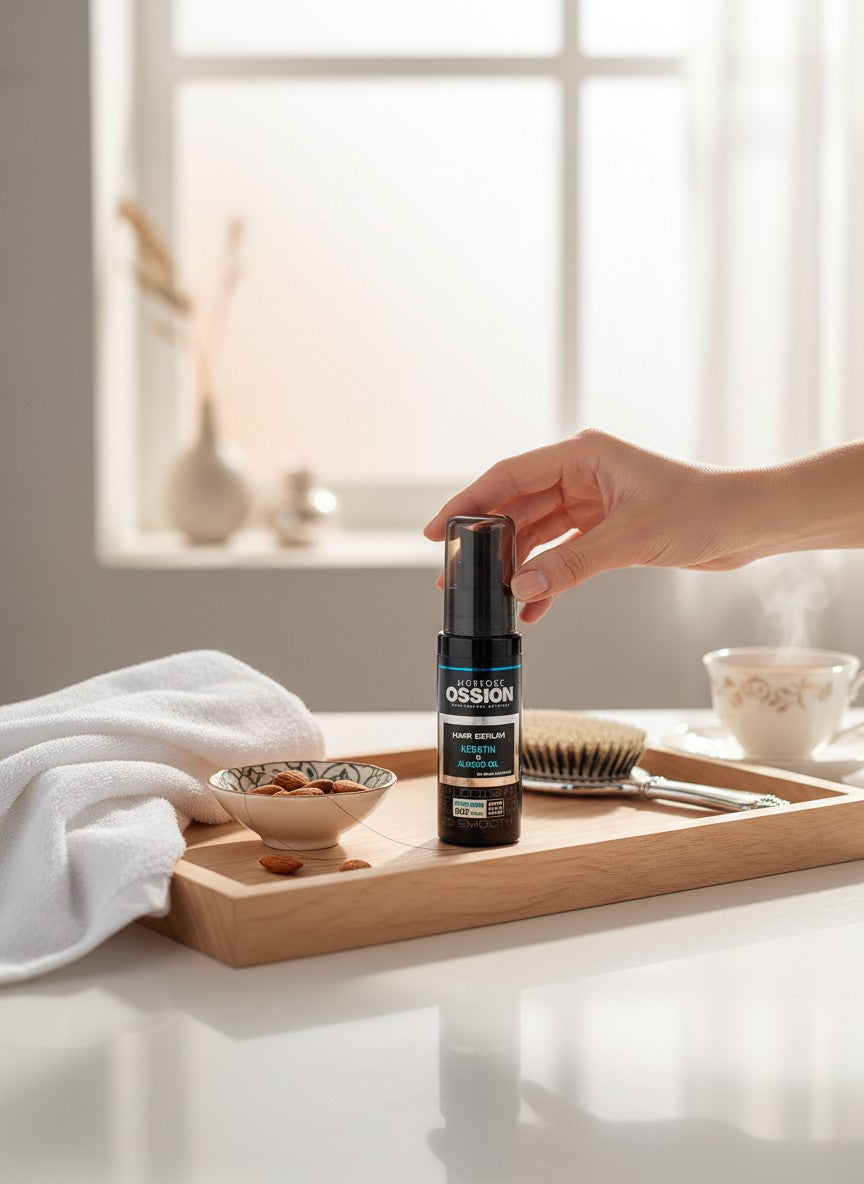 cosmetigo.be Morfose Ossion haarserum met keratine en amandelolie voor glanzend en zijdezacht haar. Flesje met pompje.