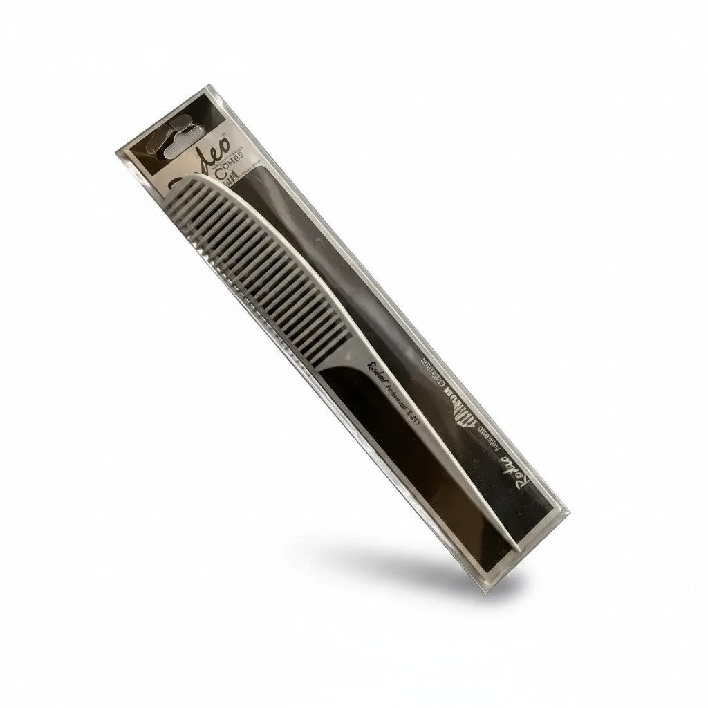 cosmetigo.be Rodeo Professional T-117 grey antistatic styling comb with fine teeth and pointed tail for precise sectioning.