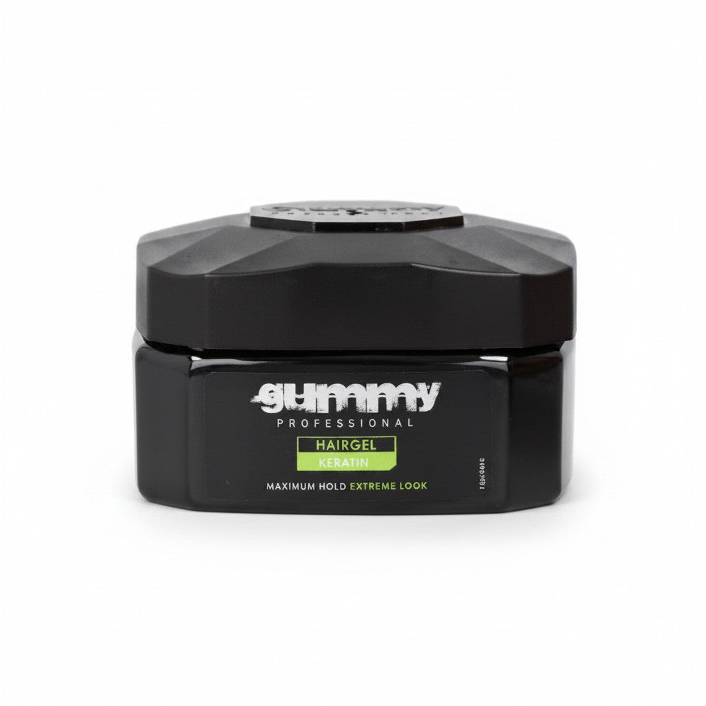 cosmetigo.be Gummy Professional Haargel Maximum Hold Extreme Look in zwarte pot met groene label.