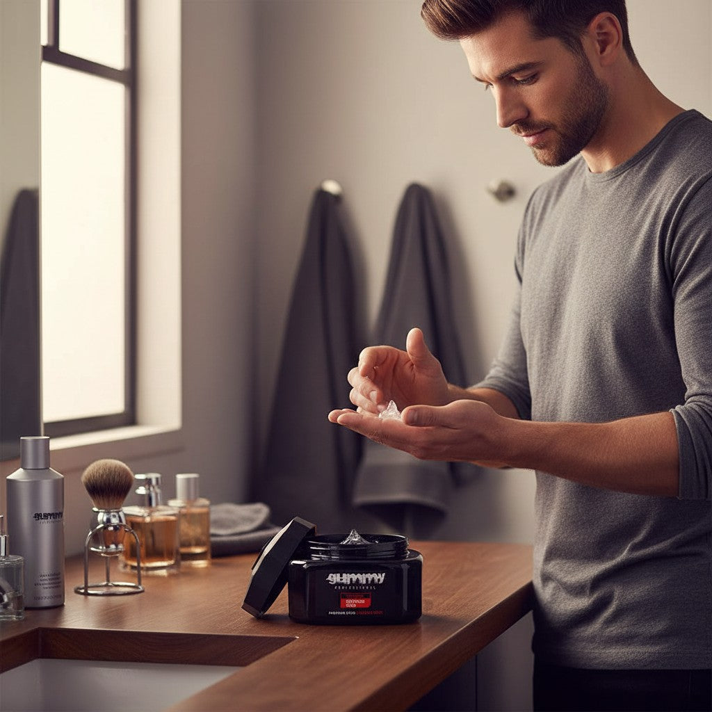cosmetigo.be Gummy Professional Haargel met maximale hold voor extreme looks, een man brengt de gel aan op zijn hand.