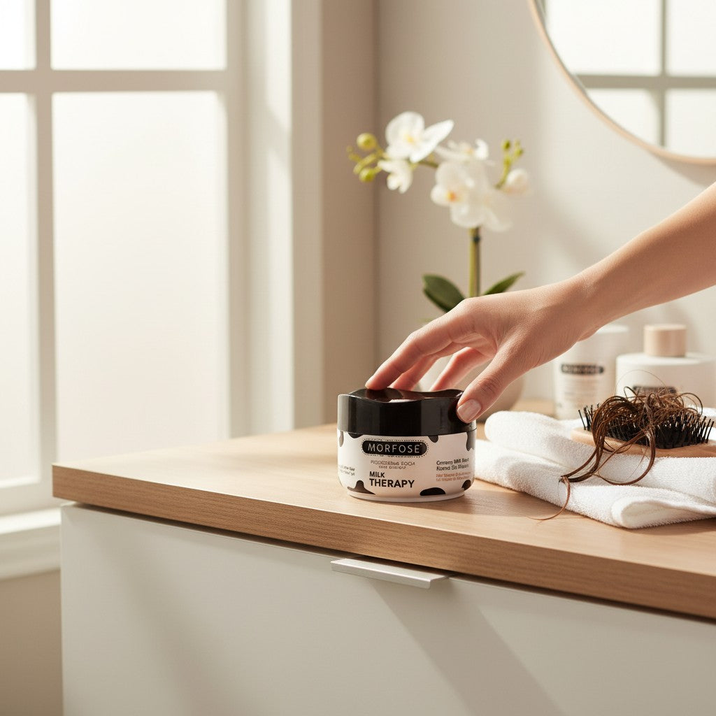 cosmetigo.be Morfose Milk Therapy romig melk haarmasker in pot met zwarte deksel, voor droog en breekbaar haar.
