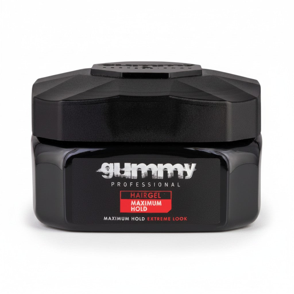 Cosmetigo.be Gummy Professional haargel in zwarte pot met rode label voor maximale hold en extreme looks.
