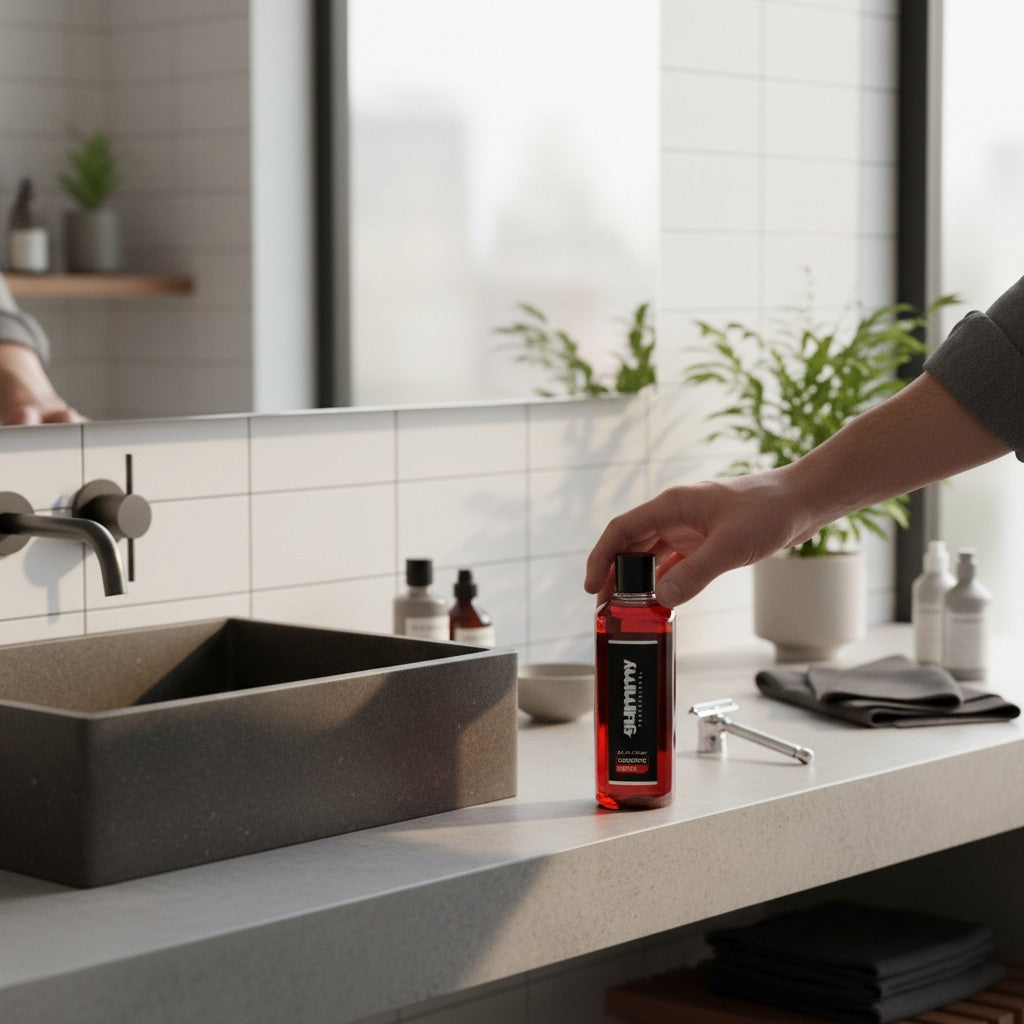 Cosmetigo.be Gummy Professional Eau De Cologne Invite rode fles met scheermesje en handdoek op een wastafel.