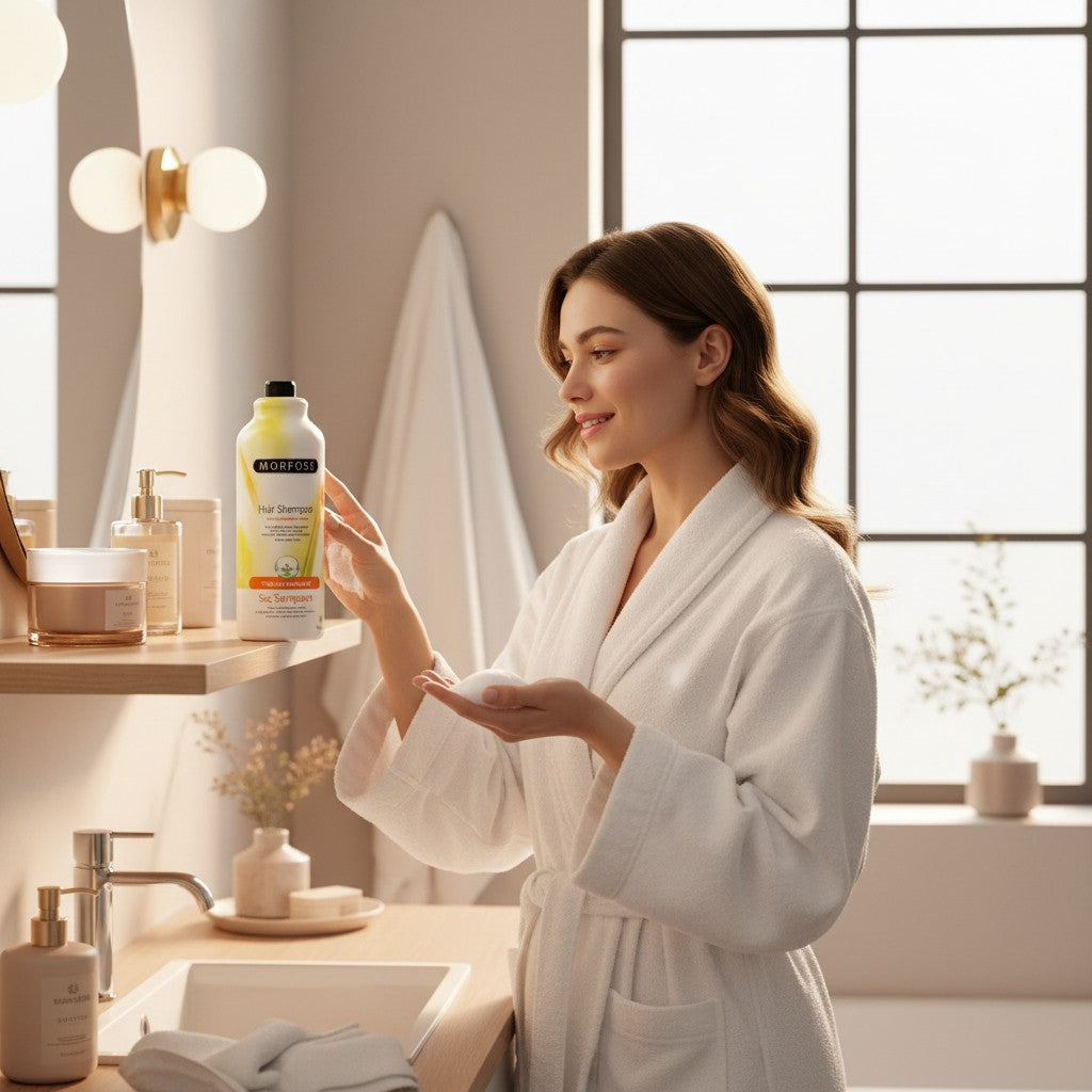 cosmetigo.be Morfose Kruiden Formule Haarshampoo in groot formaat, met een vrouw in een witte badjas die het product vasthoudt.