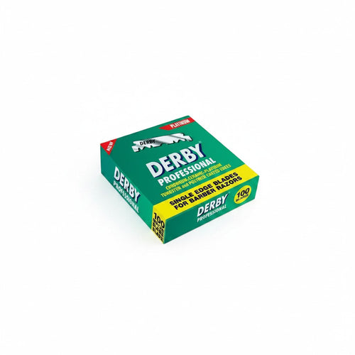 cosmetigo.be verpakking met 100 Derby Professional scheermesjes, enkele rand, met dubbele coating voor barbier