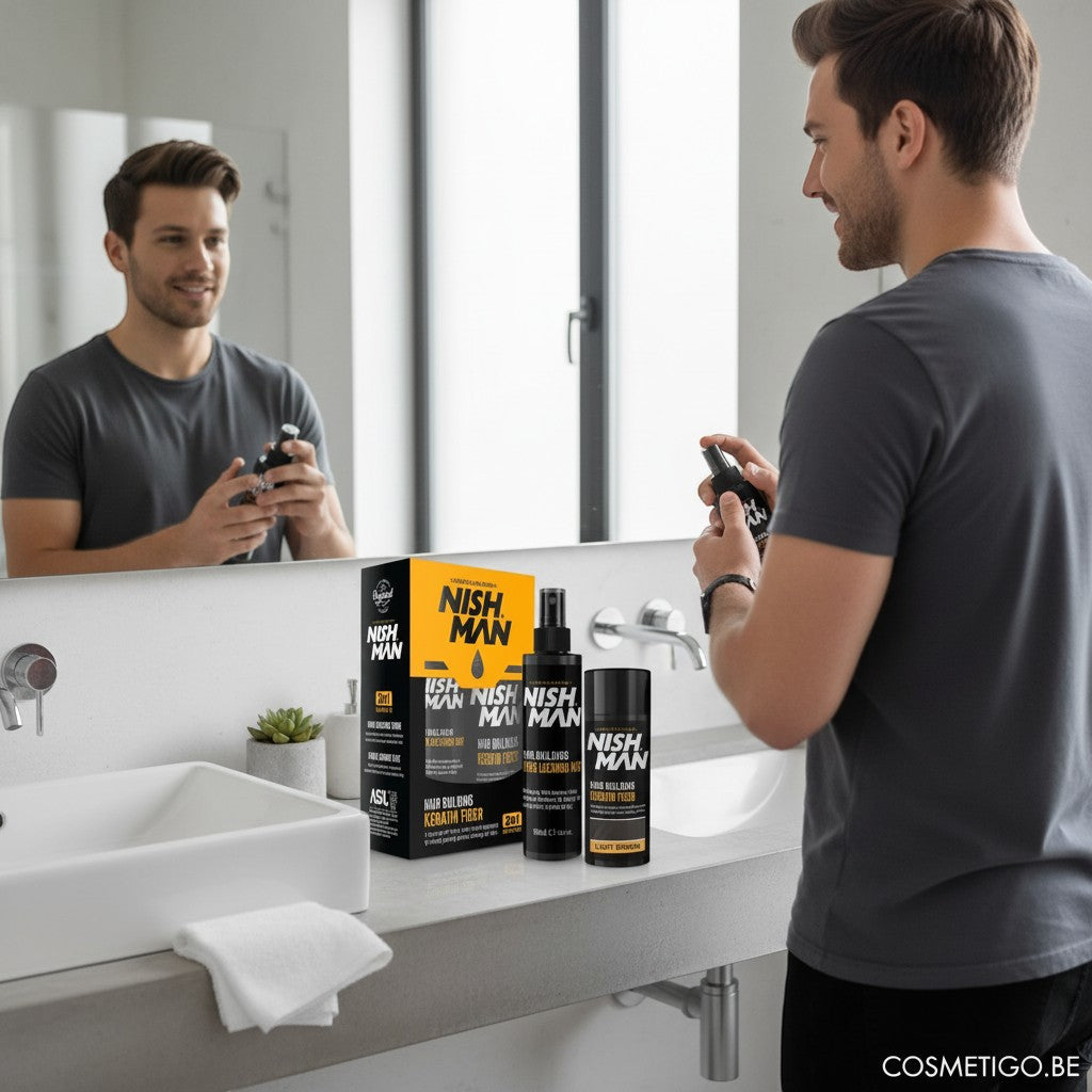 cosmetigo.be Nish Man 2-in-1 hair building fiber and fixing mist set in light brown, for fuller hair.