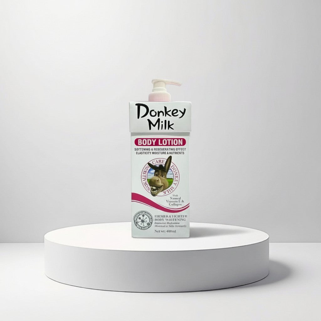 Cosmetigo.be Donkey Milk Body Lotion 400ml with Vitamin E & Collagen for softening, regenerating, firming, and whitening skin.