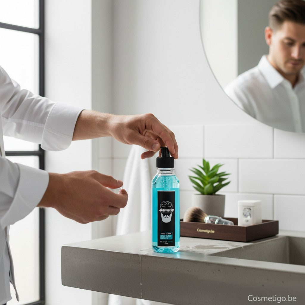 Gummy Professional Face Tonic met Aloë Vera, verfrissende blauwe vloeistof in pompflacon, ideaal voor na het scheren.