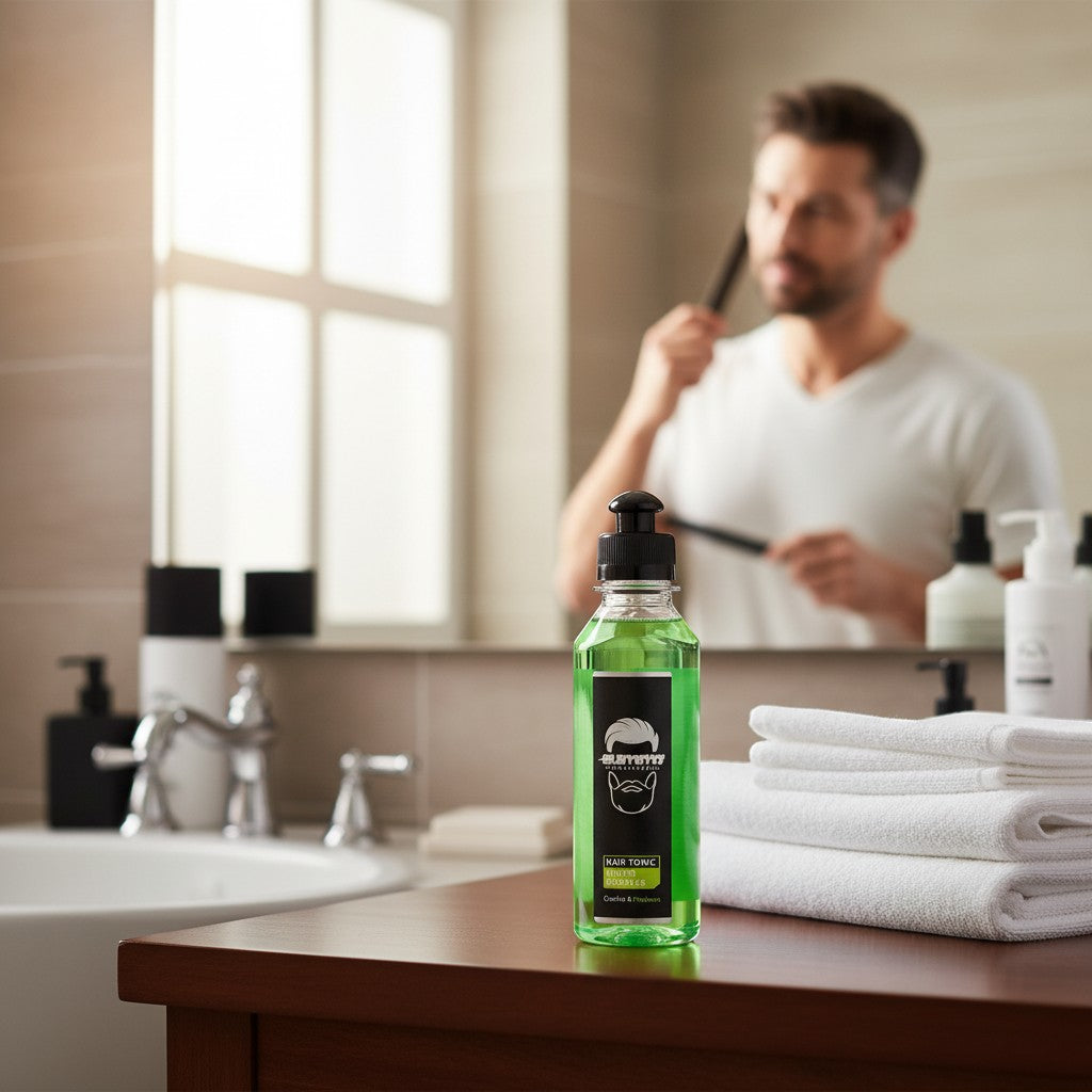 Gummy Professional Haar Tonic Kruidencomplex 250ml, groene vloeistof in doorzichtige fles met zwarte dop.