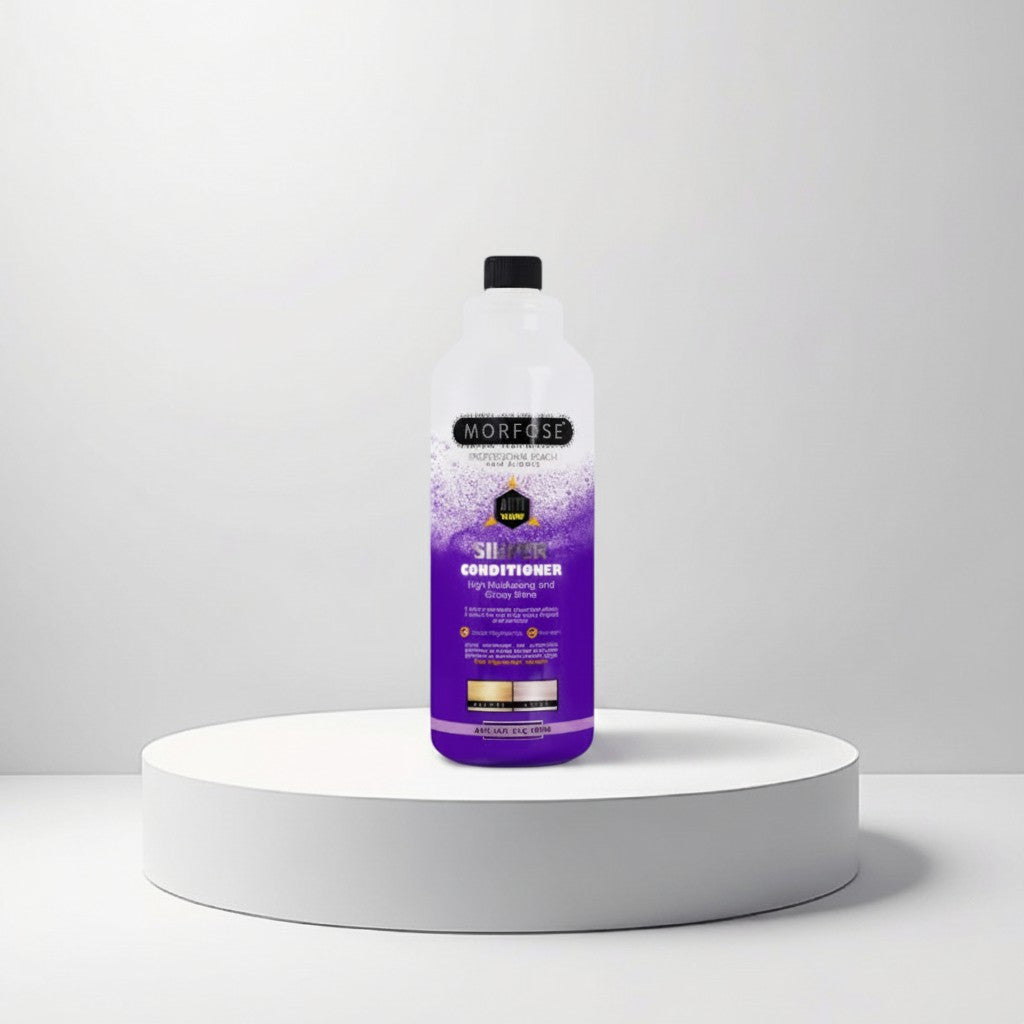 cosmetigo.be Morfose Anti Yellow Silver Conditioner, een paarse fles met witte dop, voor glanzend blond en grijs haar.