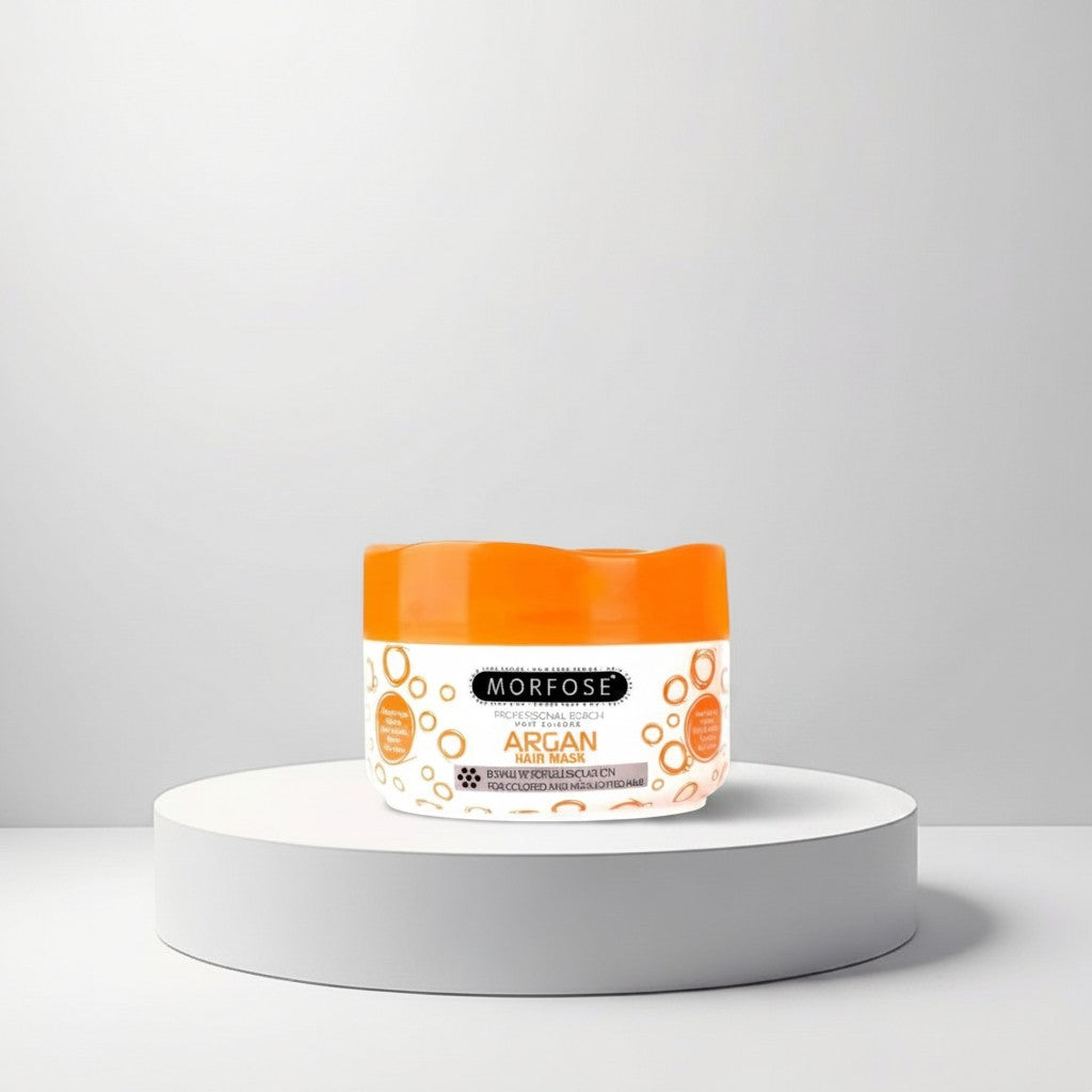 cosmetigo.be Morfose Argan Haarmasker in oranje pot, speciaal voor gekleurd en gehighlight haar, met Arganolie voor intensieve voeding en glans.