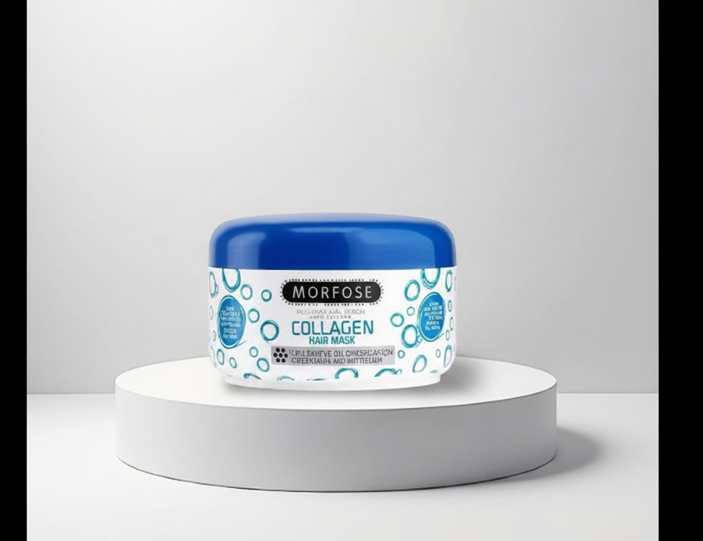 cosmetigo.be Morfose Collagen Haarmasker pot met blauwe deksel, voor droog en breekbaar haar, met collageen voor herstel en glans.