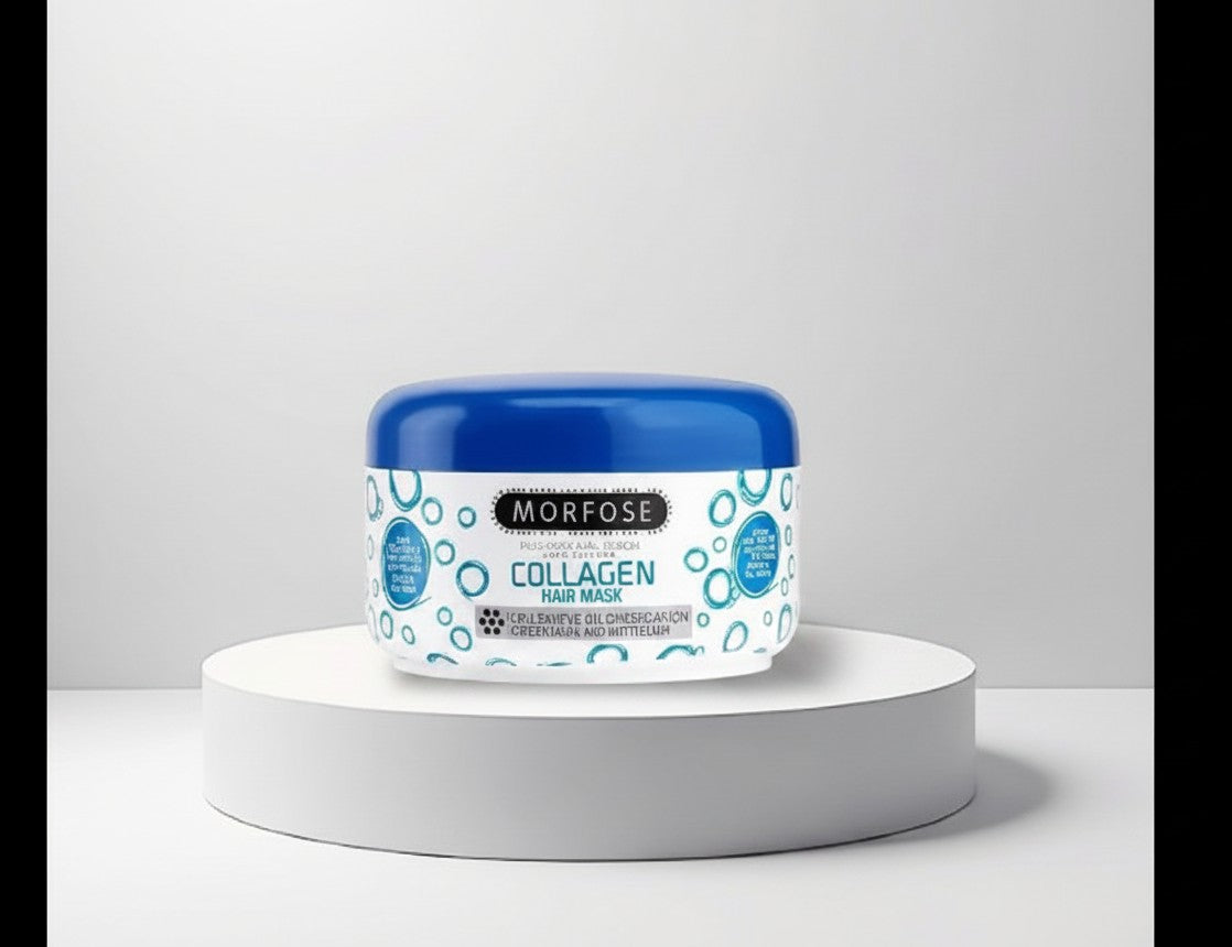 cosmetigo.be Morfose Collagen Haarmasker pot met blauwe deksel, voor droog en breekbaar haar, met collageen voor herstel en glans.