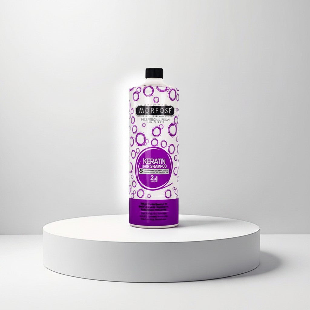 cosmetigo.be Morfose Keratine Haarshampoo 2-in-1 fles met paarse cirkels, voor beschadigd haar.