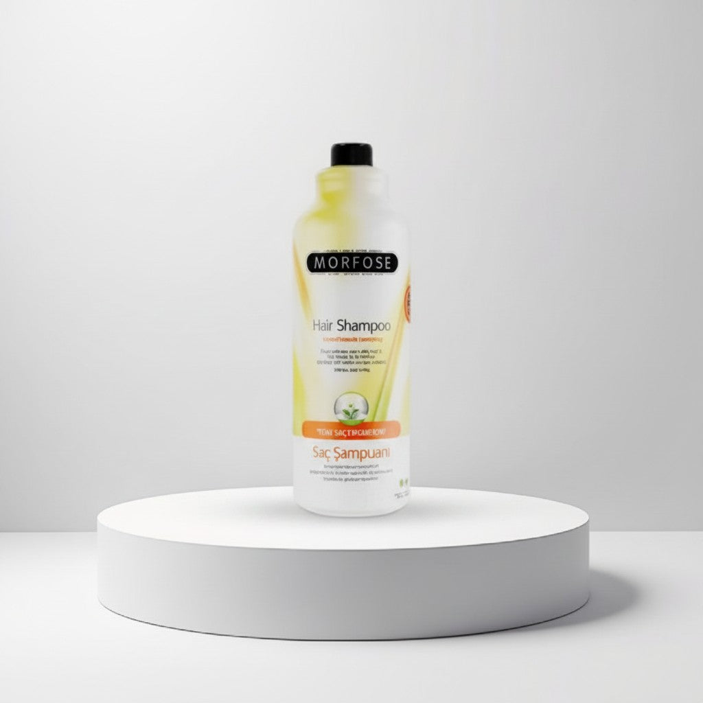 cosmetigo.be Morfose Kruiden Formule Haarshampoo, een grote fles met een lichtgele en witte verpakking, verrijkt met kruidenextracten voor alle haartypes.
