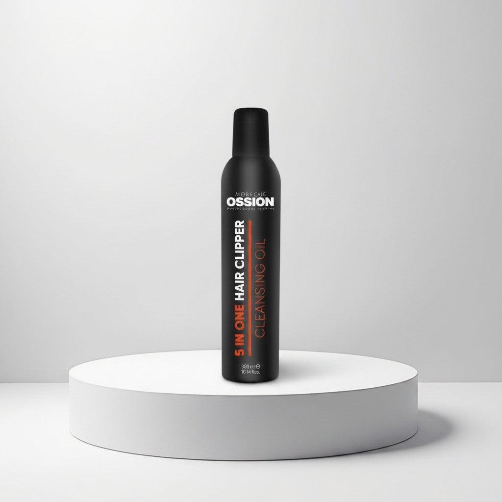 Morfose Ossion 5 In One Hair Clipper Cleansing Oil 300ml for cleaning, lubricating, cooling, disinfecting, and preventing rust on clipper blades.