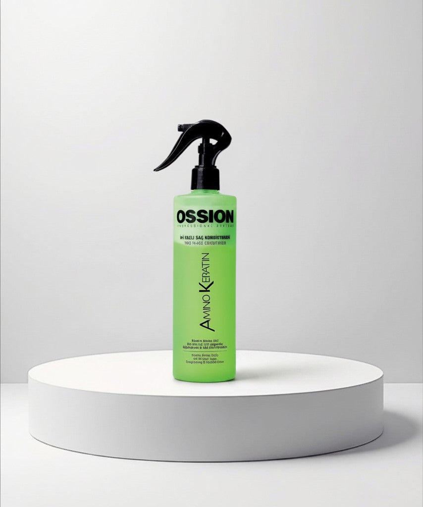 cosmetigo.be Morfose Ossion Amino Keratine tweedelige conditioner spray in helder groen met zwarte spuitkop. Voor alle haartypes.