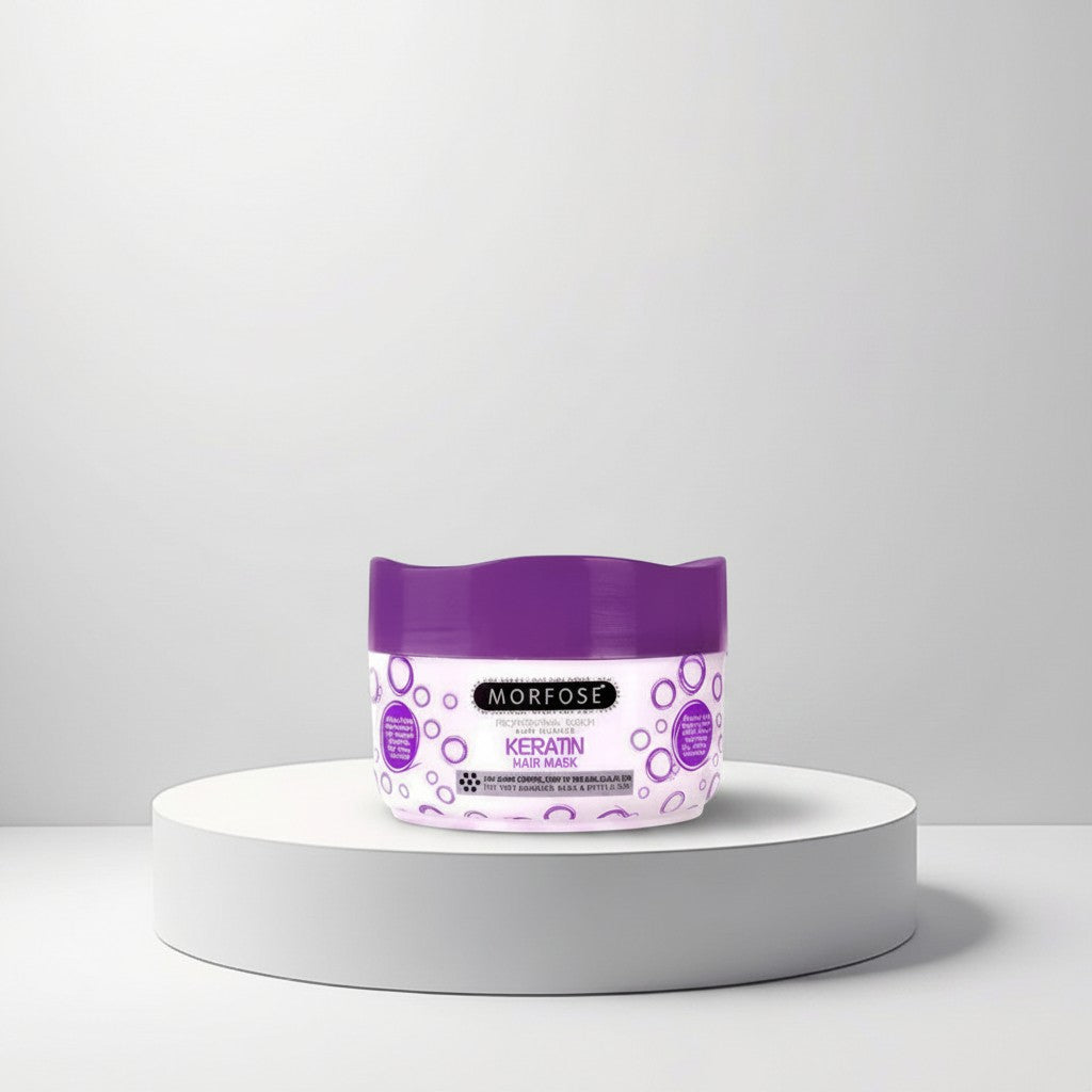 cosmetigo.be Morfose Professional Reach Keratine Haarmasker pot met paarse deksel, voor beschadigd haar.