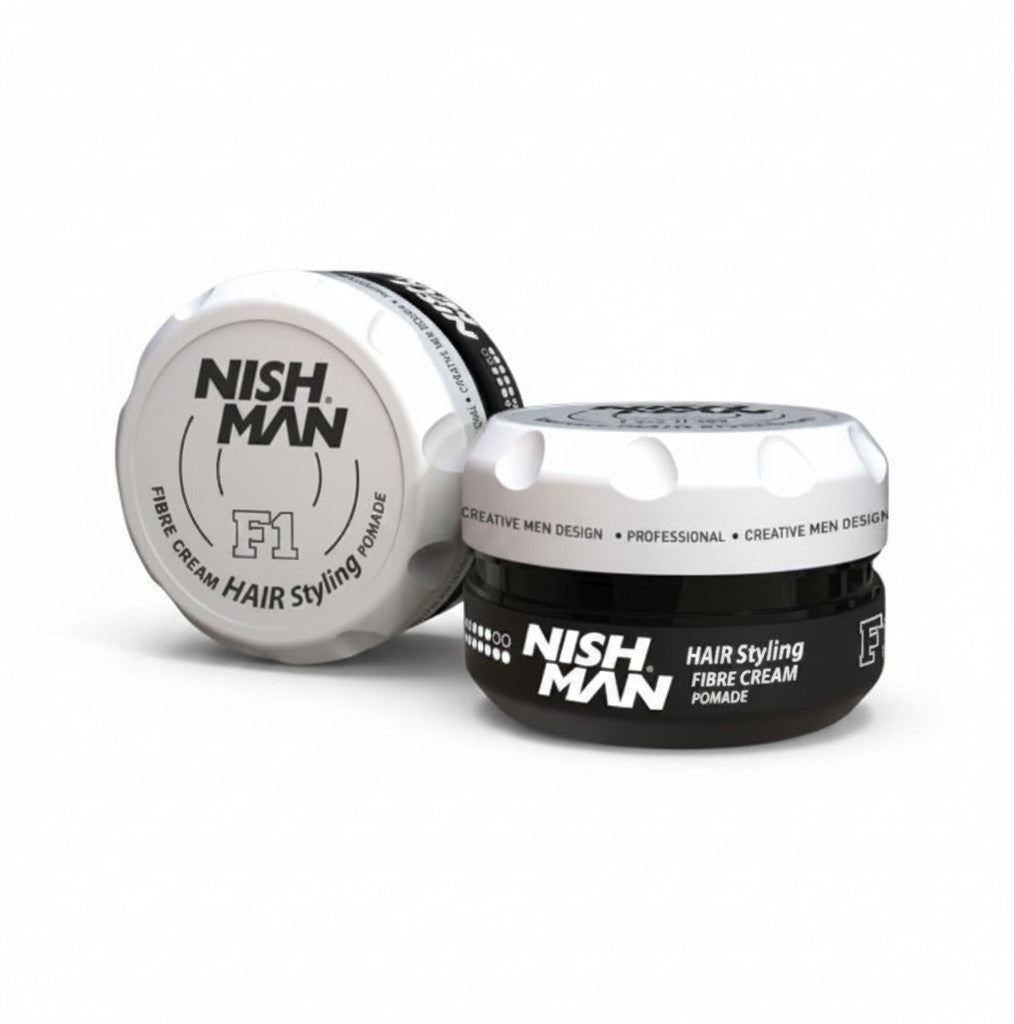 Nish Man F1 Fibre Cream Pomade haarstyling pot met witte dop en zwarte basis. Professionele haarstyling voor mannen.
