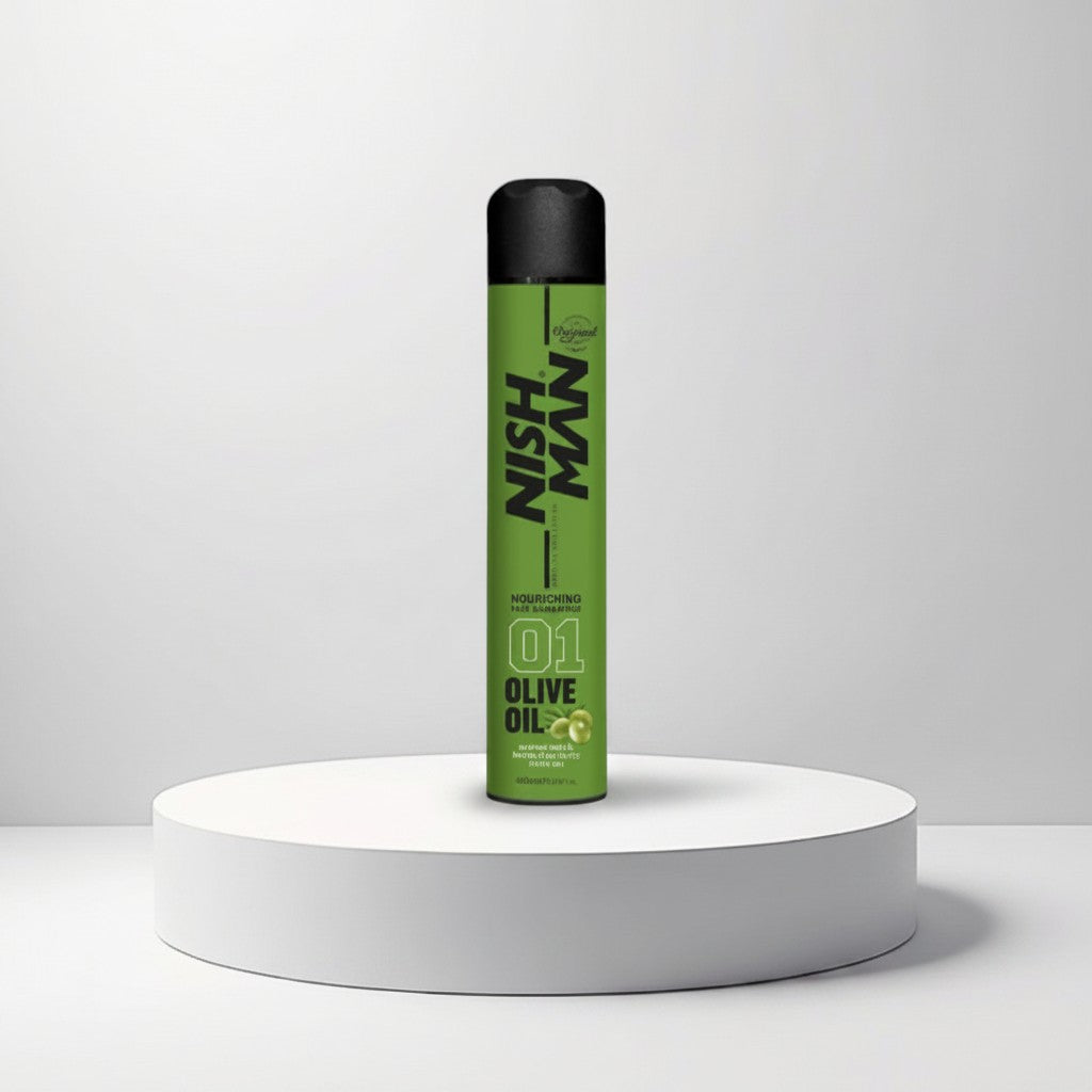 NISH MAN Nourishing Hair Sheen Spray with Olive Oil for dry hair, provides shine and control. 400ml.