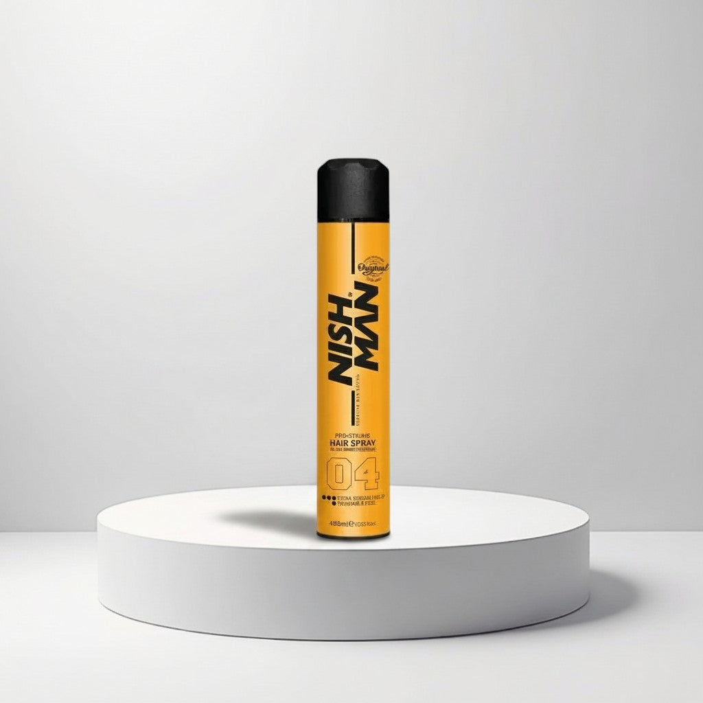 Nish Man Pro Styling Hair Spray 04 in an orange can with black cap, offering extra strong hold and a touchable feel.