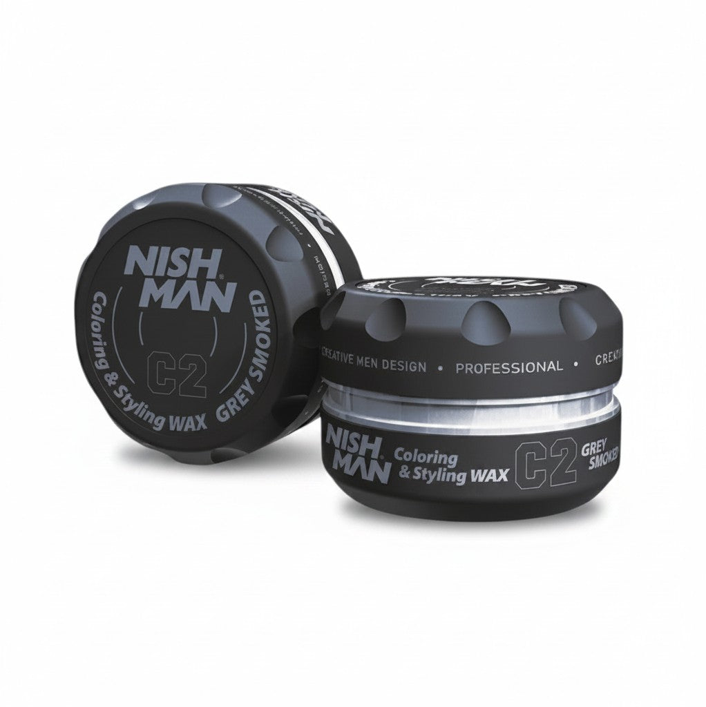 Nishman C2 Grey Smoked kleur- en stylingwax voor heren. Geeft sterke hold en tijdelijke grijze kleuring.