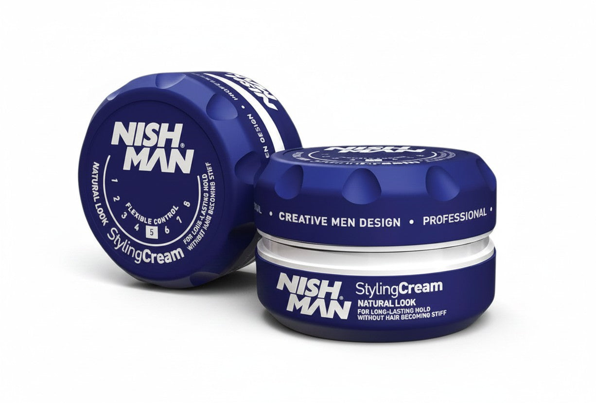 Cosmetigo.be Nish Man Styling Cream pot met blauwe deksel voor natuurlijke look en flexibele controle.
