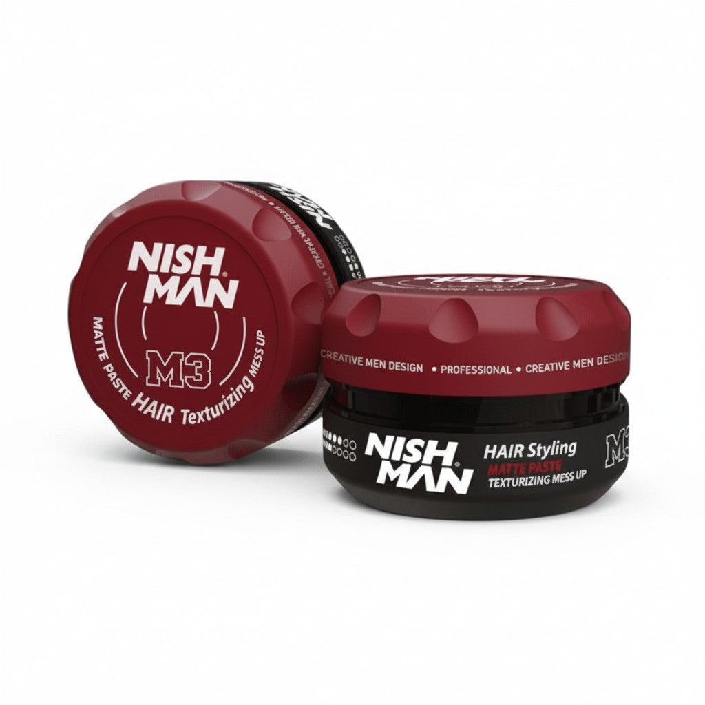 Nish Man M3 Matte Paste voor haarstyling met textuur en een messy look. Sterke fixatie, matte finish.