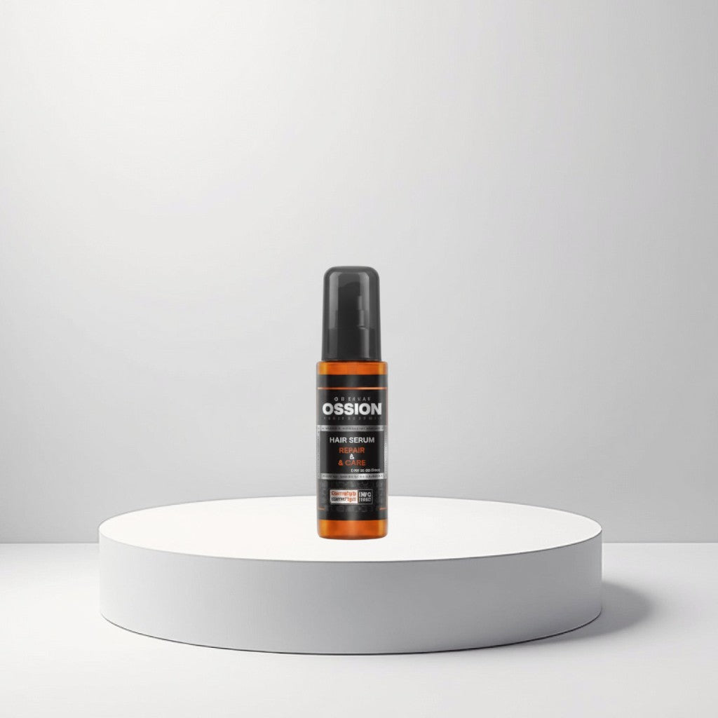 cosmetigo.be Ossion Haarserum met Argan & Keratine in oranje fles met zwarte pomp voor glans en herstel.