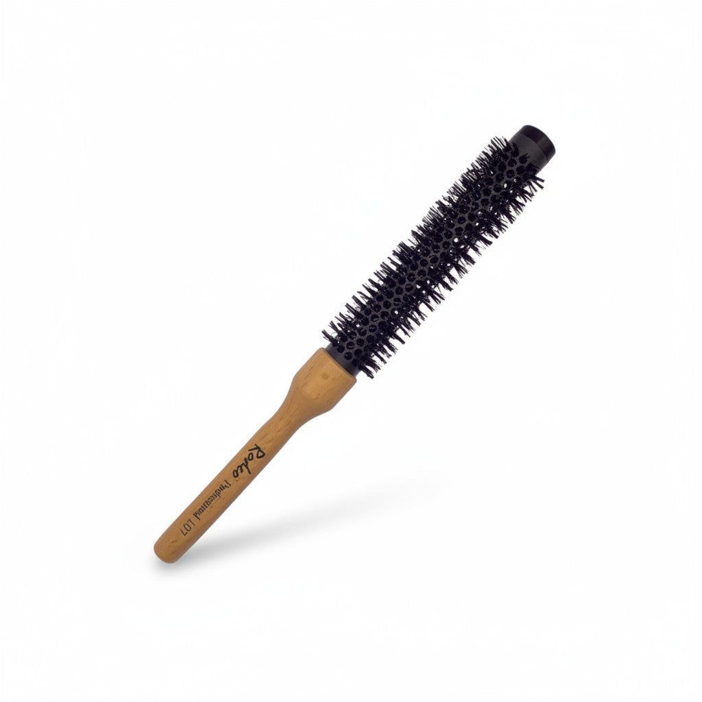 cosmetigo.be Rodeo Professional 107 ronde borstel met houten handvat en zwarte keramische barrel voor volume en styling.