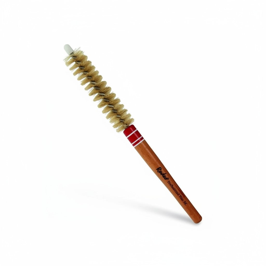 Rodeo Professional 3K wooden round hairbrush with natural bristles and red and white striped detail on handle.