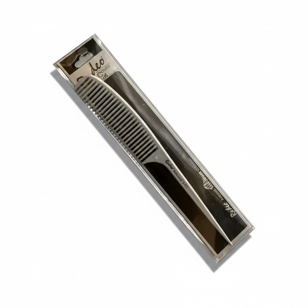 cosmetigo.be Rodeo Professional T-117 grey antistatic titanium comb with fine teeth and rat tail for sectioning hair.