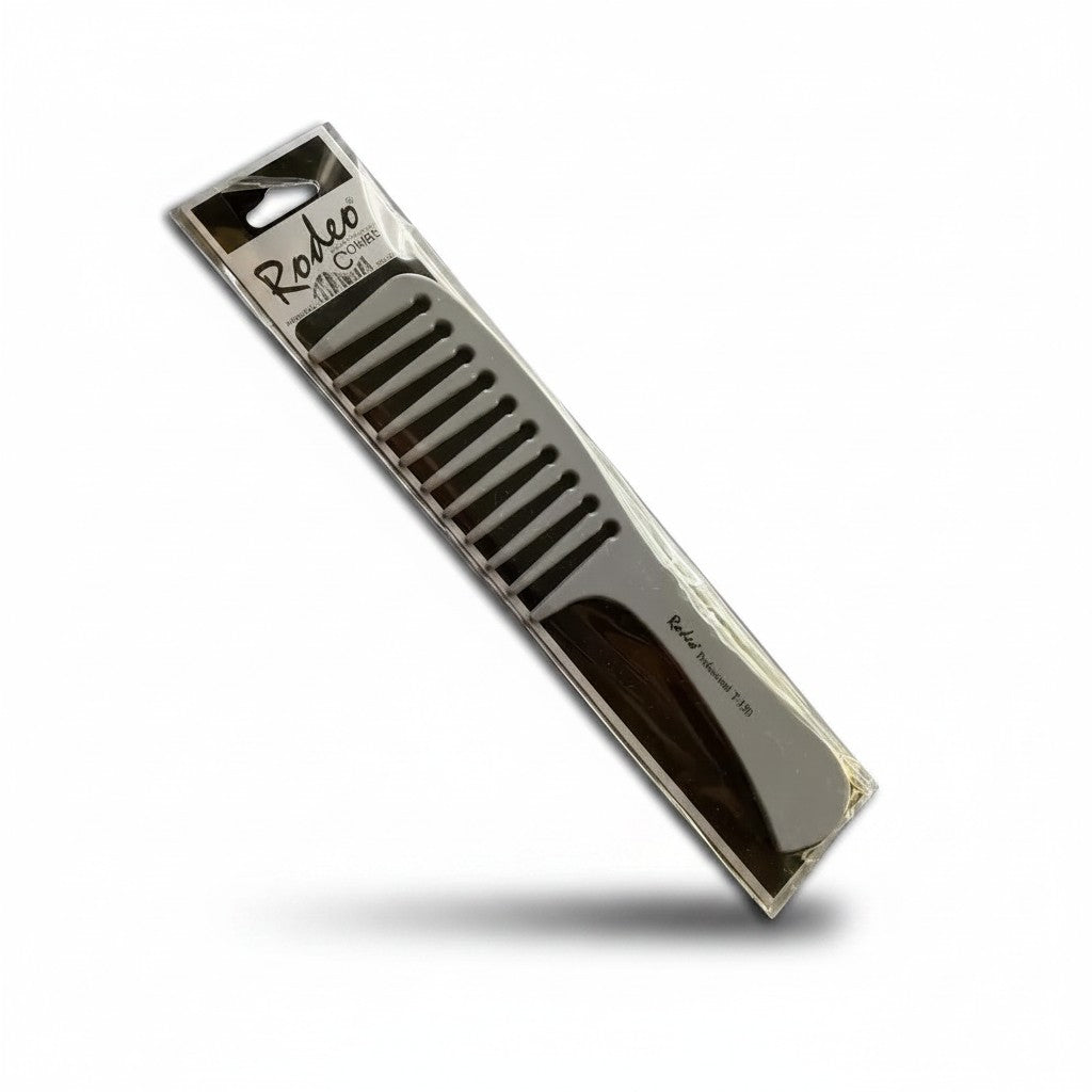cosmetigo.be Rodeo Professional T-130 wide-tooth comb, grey, antistatic plastic for detangling and styling.
